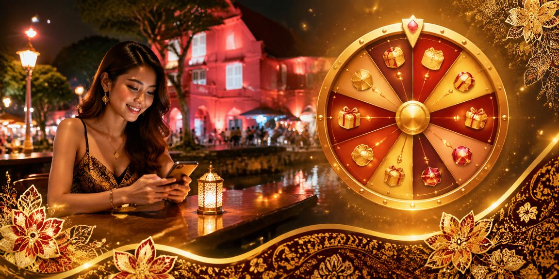 Suasana undian bertuah bergaya batik Melaka yang ceria dengan elemen permainan kasino tradisional